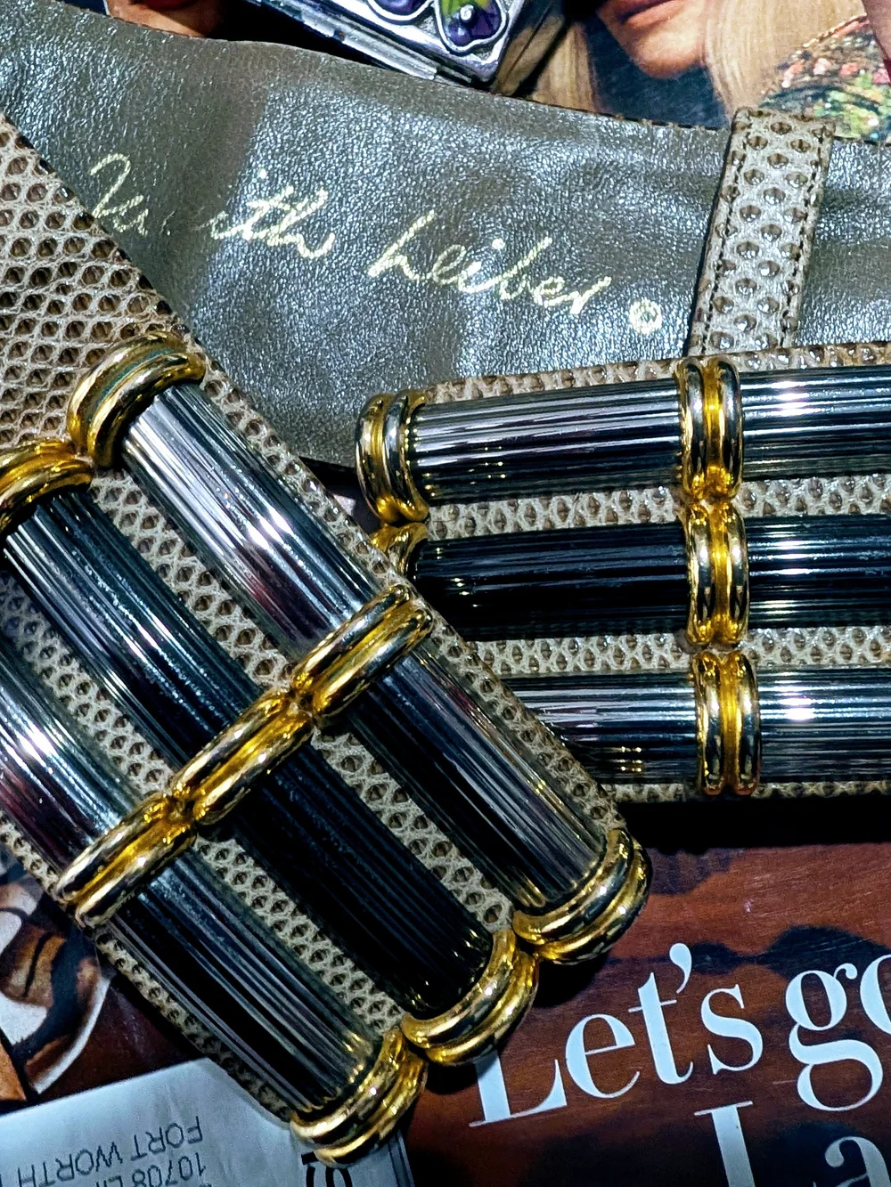 Judith Leiber Black and Gold Lizard-Trim Buckle Belt